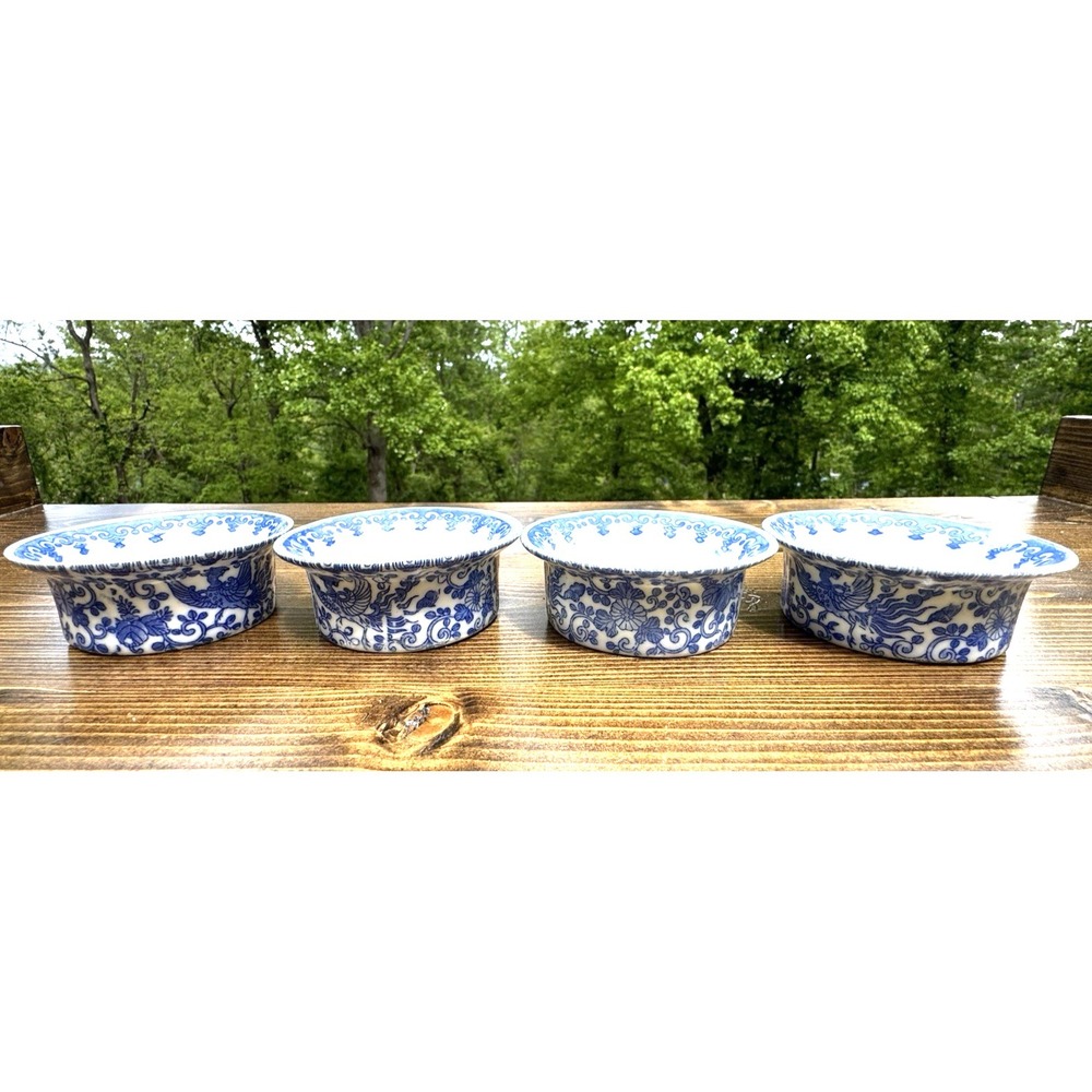 Blue White Porcelain Ramekins Set 4 Floral Bird Chinoiserie Sauce Bowls